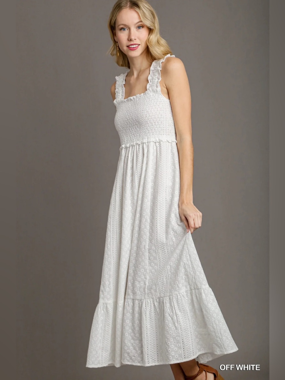 Umgee White Smocked Eyelet Cotton Sleeveless Maxi Dress size Large